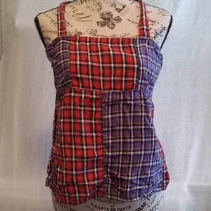 Handmade open-back brushed cotton plaid camisole with butterfly buttons